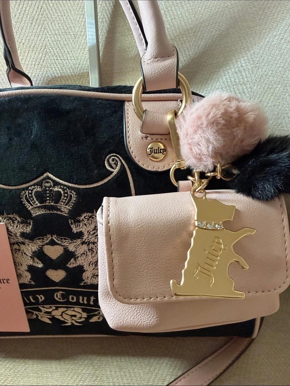 Juicy Couture Pink and Black Velvet Satchel with Detachable Pouch